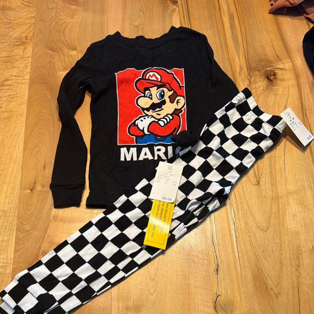 Mario Black Long Sleeve Shirt and Checkered Pants Set